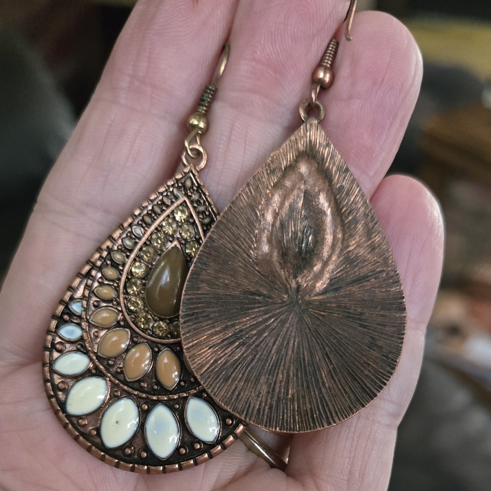 Copper Teardrop Earrings with Cream & Gold Accents - Picture 4 of 4